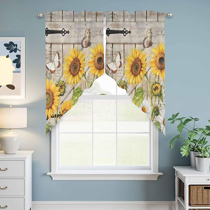 Farm Flowers Swag Valances for Windows, Retro Sunflowers Barn Doors Butterfly - Image 6