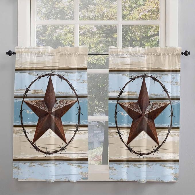 Vintage Western Star on Wood Grain Window Valance Curtains, Retro Wooden - Image 7