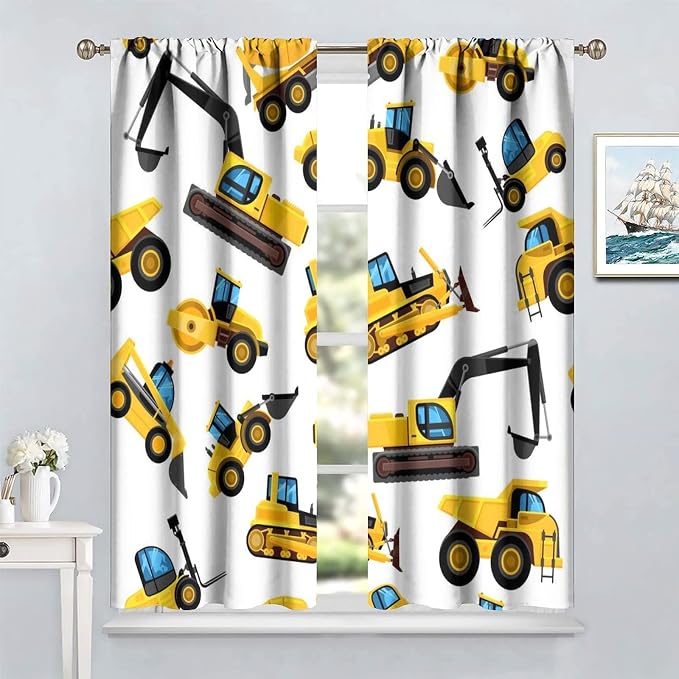 Kids Construction Equipment Window Curtains, Excavator Tractor Tow Truck Rod - Image 2
