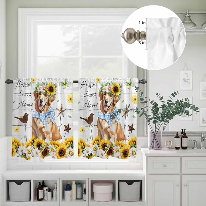 Kitchen Curtains Tiers and Valance Set of 3, Sunflowers Dog Light Filtering - Image 8