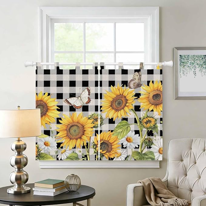 Sunflowers Kitchen Curtains 45 Inch Length, Short Cafe Window Curtains Tab Top - Image 2