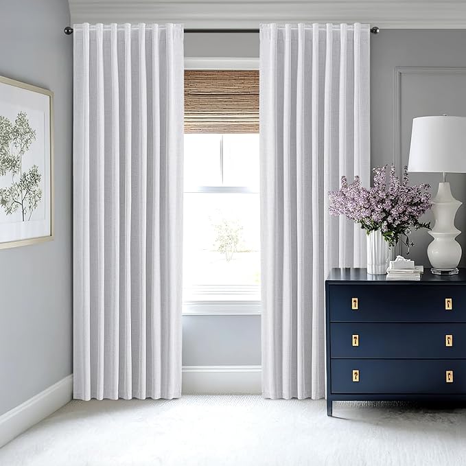 MIULEE 100% Blackout Linen Curtains for Bedroom, Grayish White Solid Luxury Decor Thermal Insulation Room Darkening Drapes for Living Room Nursery Back Tab Rod Pocket 42 x 108 Inches, 2 Panels