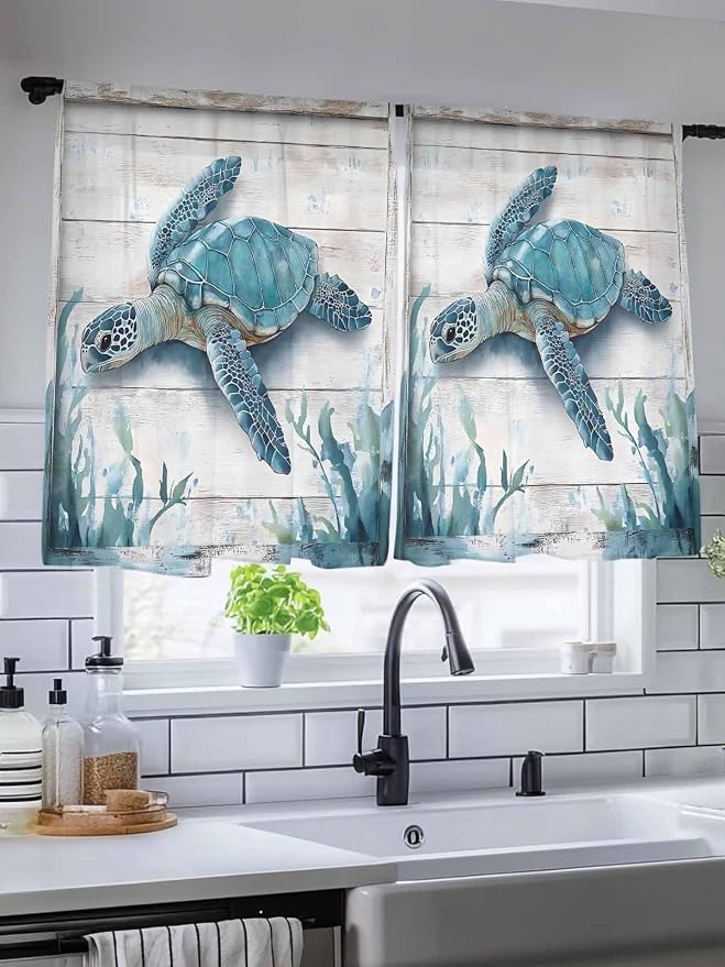 Sheer Curtains 45 Inch Length, Teal Green Sea Turtle Semi Sheer Curtains Light - Image 5