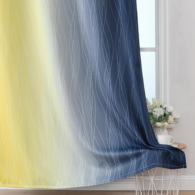 Estelar Textiler Navy Blue and Yellow Gradient Blackout Curtains for Bedroom, Thermal Insulated Ombre Blackout Drapes, Full Light Blocking Energy Saving Curtains for Living Room,52Wx96L,2 Panels