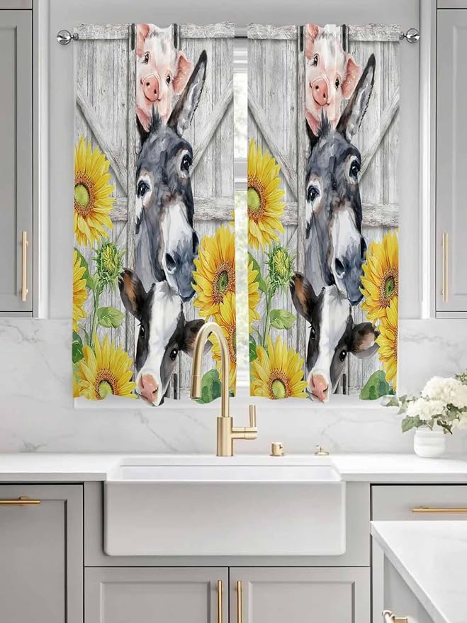 Farmhouse Living Room Curtains 72 Inches length, Watercolor Sunflowers Animals - Image 3