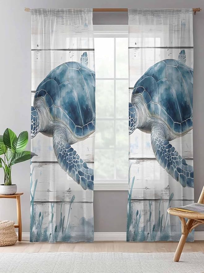 Sheer Curtains 84 Inches Long, Ocean Sea Turtle Semi Sheer Curtains Light - Image 5