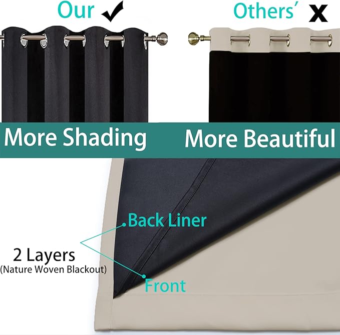 Yakamok 100% Blackout Curtains 63 Inches Long, 2 Thick Layers Heat and Full Light Blocking Soft Thermal Insulated Drapes for Bedroom(62" Wide Each Panel, Natural, 2 Panels)