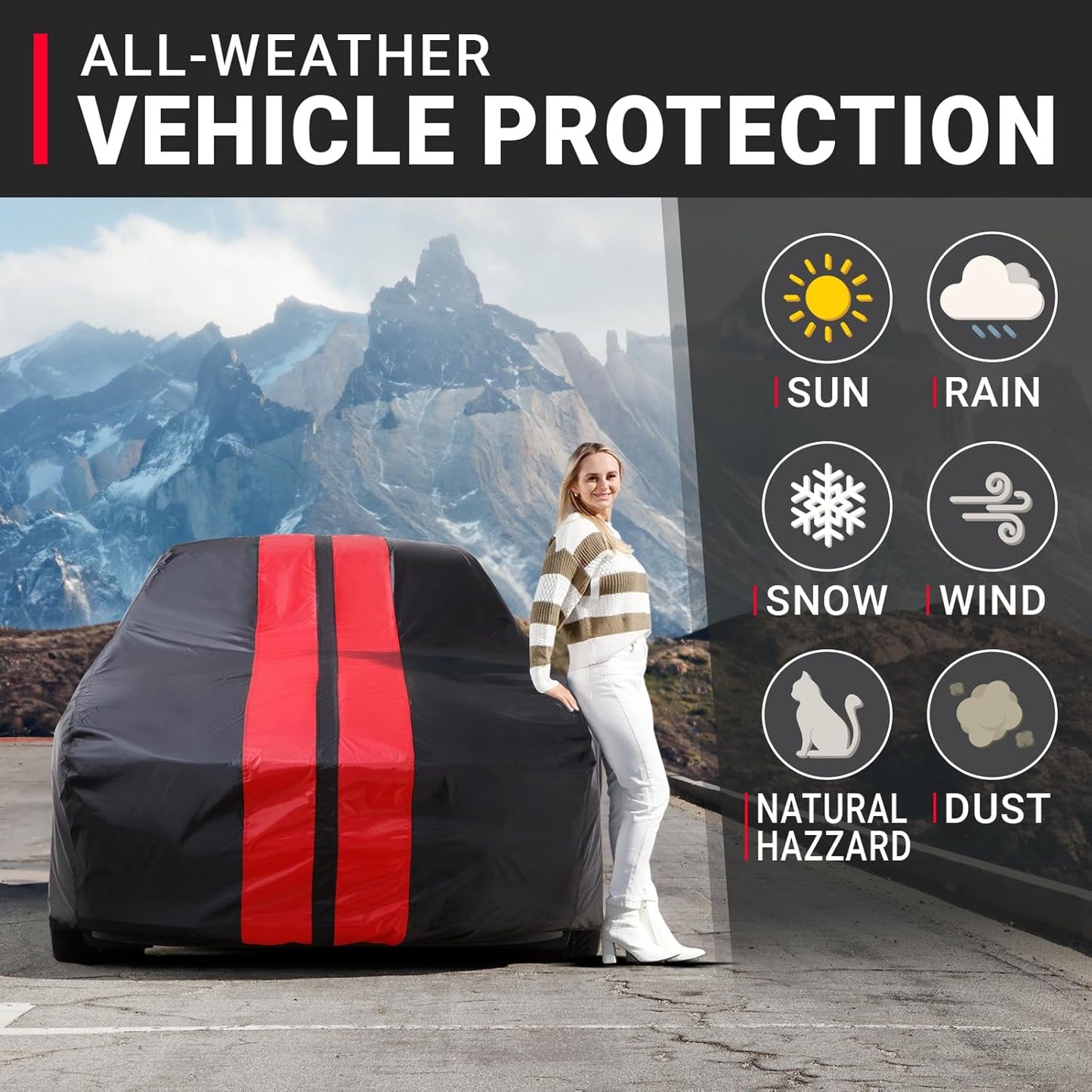 iCarCover Custom Car Cover Compatible with Camaro 1974-1981, Waterproof All Weather Rain Snow UV Sun Protector Full Exterior Indoor Outdoor Car Covers, Stripe (Black/Red)