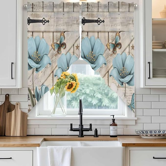 Teal Blue Tulips Swag Valances for Windows, Spring Floral Barn Doors Vintage - Image 2