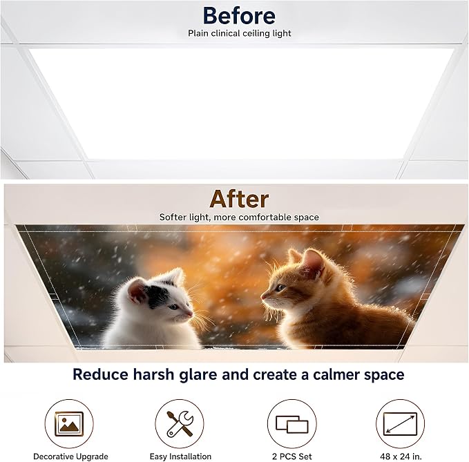 2 Pack Two Cute Kittens Decorative Ceiling Light Covers, Magnetic 4x2 Ft - Image 5