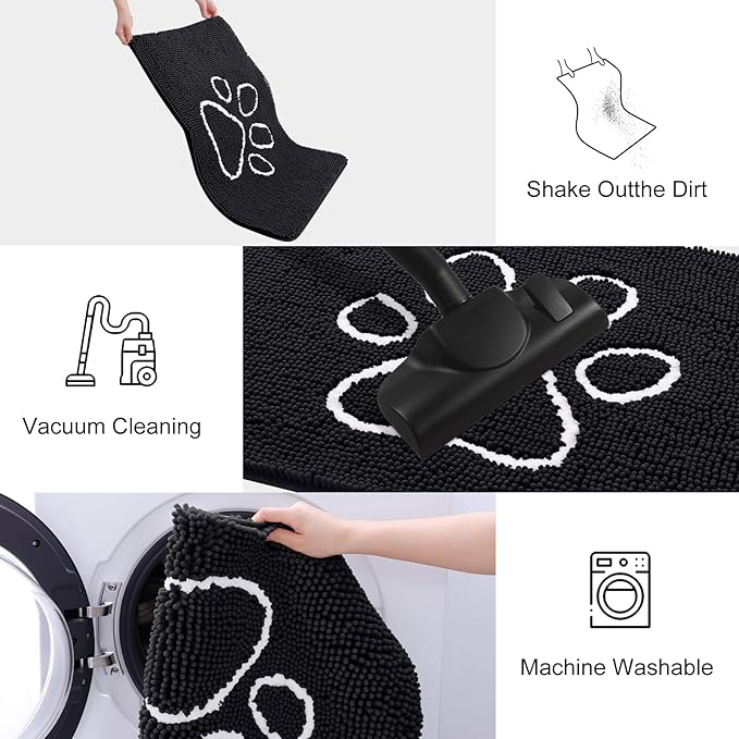 Smiry Dog Door Mat for Muddy Paws, Absorbent Dirt Trapper Non Slip Quick Dry Washable Chenille Mat for Mud Dogs, Entry Rug for Indoor and Outdoor (44x32 Inches, Black and White)
