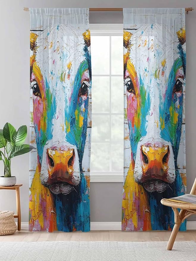 Sheer Curtains 84 Inches Long, Funny Colorful Cow Semi Sheer Curtains Light - Image 5