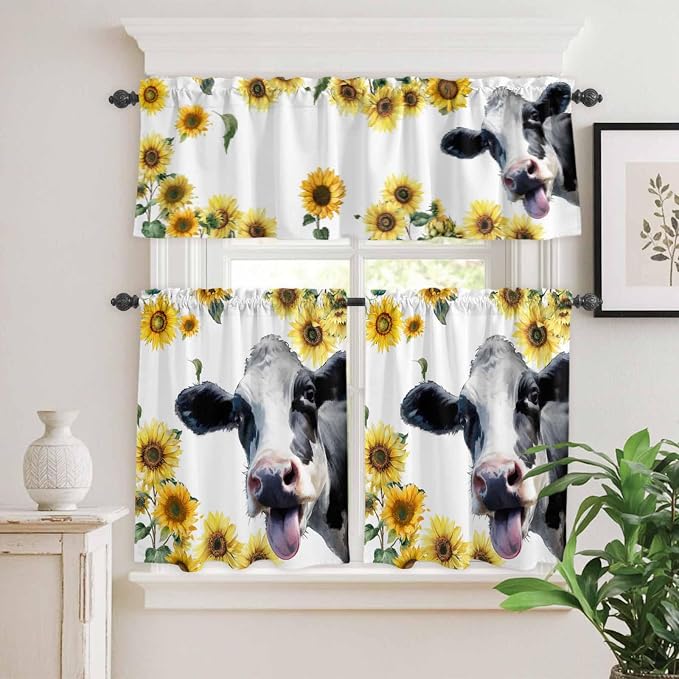 Kitchen Curtains Tiers and Valance Set of 3, Cow Sunflowers Light Filtering - Image 2