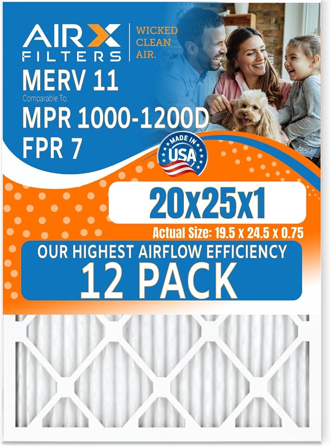 20x25x1 Air Filter MERV 11 Rating, 12 Pack of Furnace Filters Comparable to MPR by AIRXFILTERSWICKEDCLEANAIR