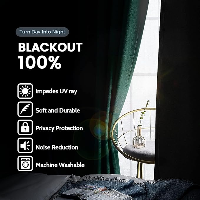 SimpleHome 100% Blackout Curtains for Bedroom,Thermal Insulated Dark Green Grommet Window Drapes Room Darkening Curtains for Living Room with Black Back,42 x 36 Inch,2 Panels