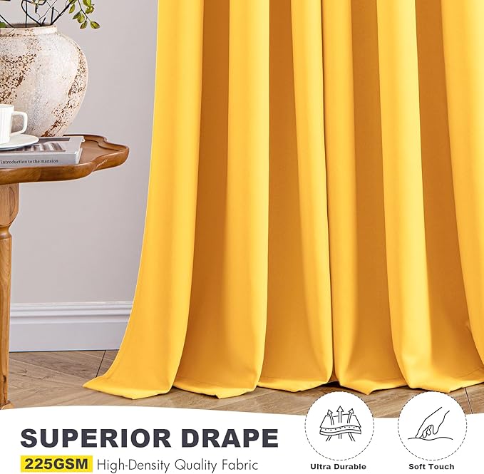 MIULEE Yellow Blackout Curtains for Bedroom Living Room 72 Inches Long 2 Panels, Thermal Insulated Room Darkening Drapes Solid Grommet Noise Reduction Light Blocking Window Treatments 40x72 inch