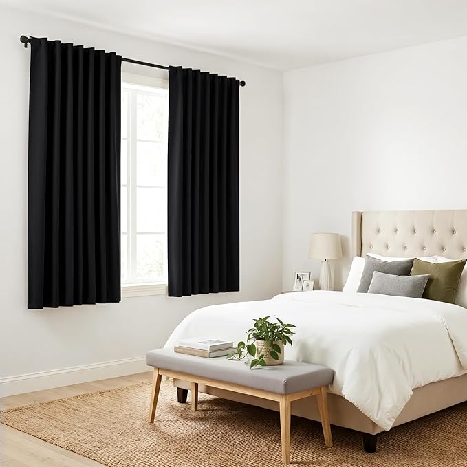 PONY DANCE Black Out Window Curtains - Thermal Blackout Curtain Drapes Set Shades Back Tab & Rod Pocket Panels Privacy Protect for Living Room, 42-inch Wide by 72-inch Long, Black, 2 Pieces