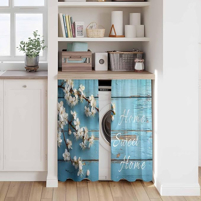 Farmhouse Wooden Grain Kitchen Curtains, Vintage Shabby Chic Flower Blue Light - Image 7