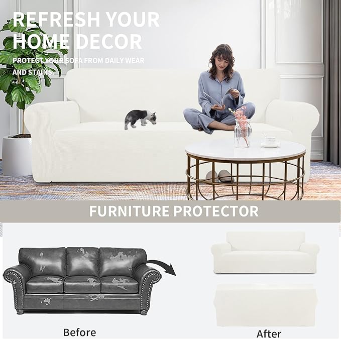 Easy-Going Stretch Chair Sofa Slipcover 1-Piece Couch Sofa Cover Furniture Protector Soft with Elastic Bottom for Kids, Pet. Spandex Jacquard Fabric Small Checks (Chair, Cream)