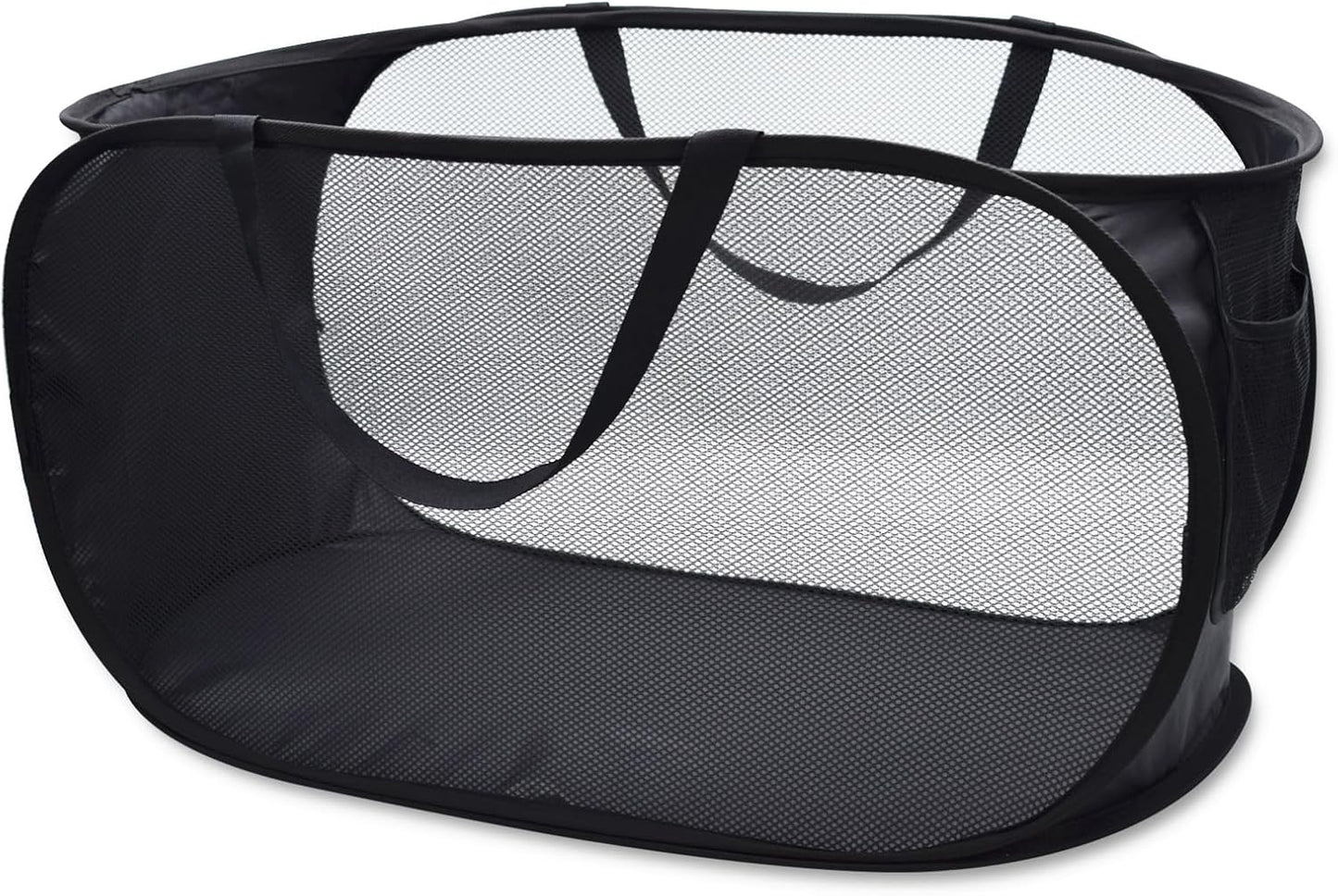 HONOMA Sturdy Mesh Laundry Hamper Basket Bag,Pop up Basket with Side Pocket for Laundry Room, Bathroom, Kids Room, College Dorm or Travel (Pop Horizontal, Black)