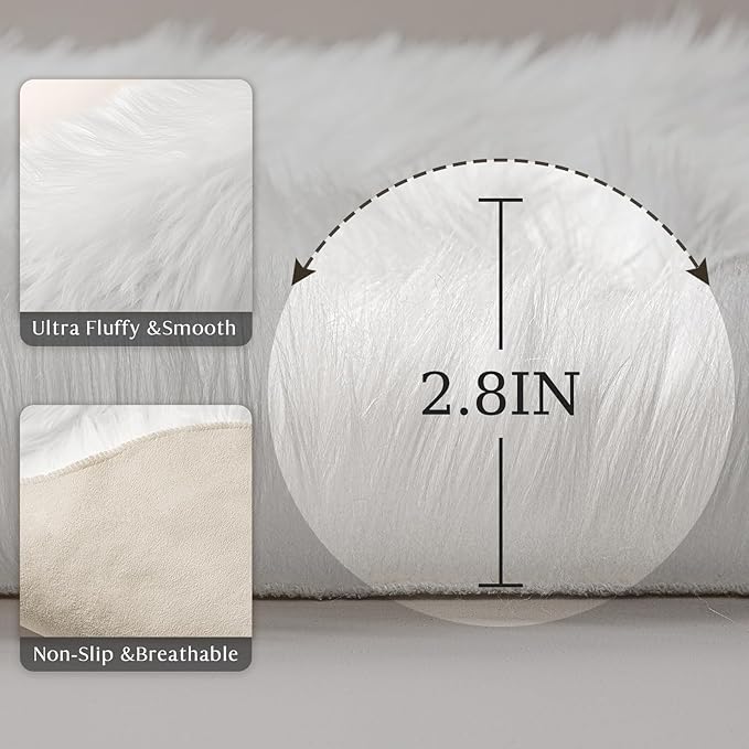 Ashler faux fur rug, Fluffy Shaggy Area Rug Ultra Soft 6 x 9 Feet Rectangle Fur Rug White Fuzzy Rug Machine Washable Shag Rug, Nursery Decor Throw Rugs for Bedroom, kids room, Living Room