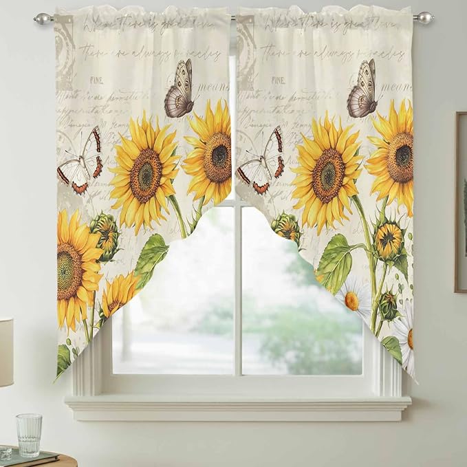Farm Sunflowers Swag Valances for Windows, Retro Flowers Butterfly Botanical - Image 7