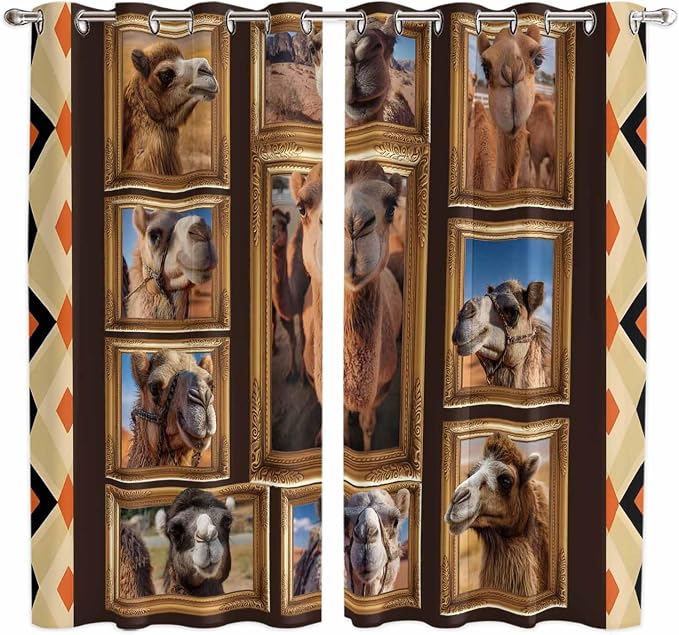 2 Panel Kitchen Cafe Curtains, Wildlife Camels Sunlight Filtering Nature Air by Hokiten