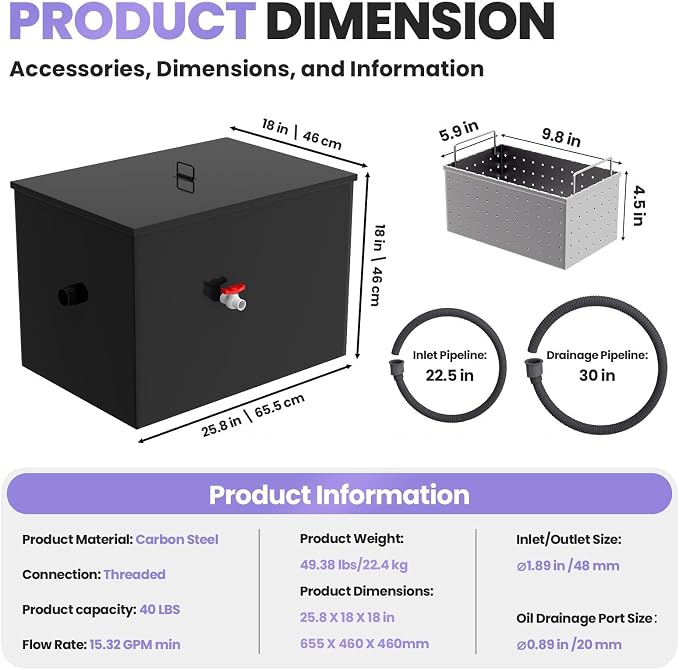 Commercial Grease Trap 40 LBS Carbon Steel Grease Interceptor, 15 GPM Flow Rate - Image 2