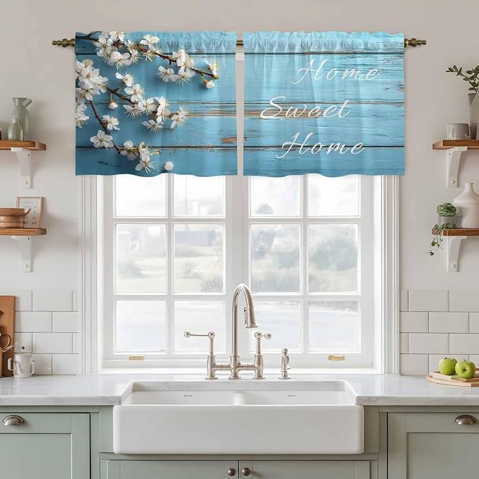 Farmhouse Wooden Grain Tier Curtains, Vintage Shabby Chic Flower Blue Light - Image 2