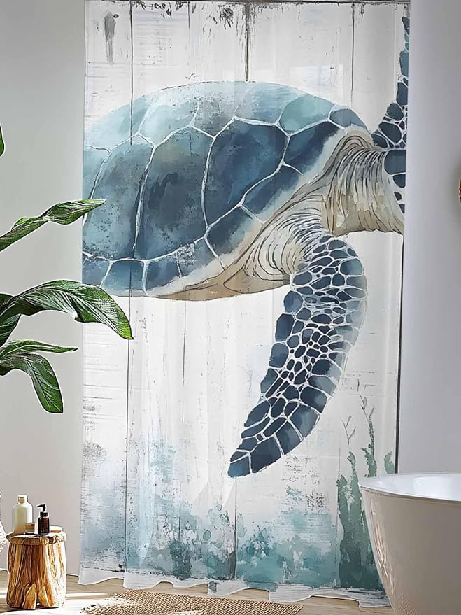 Sheer Curtains 108 Inches Long, Sea Turtle Teal Blue Semi Sheer Curtains Light - Image 4