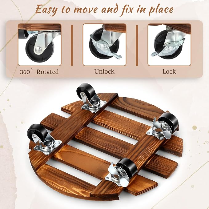 2 Pack Wood Plant Caddy with Wheels Planter Cart Round Plant Rollers Heavy Duty - Image 2