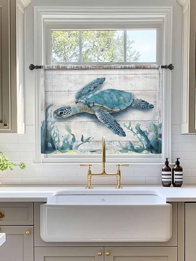 Sheer Curtains 45 Inch Length, Teal Green Sea Turtle Semi Sheer Curtains Light - Image 3