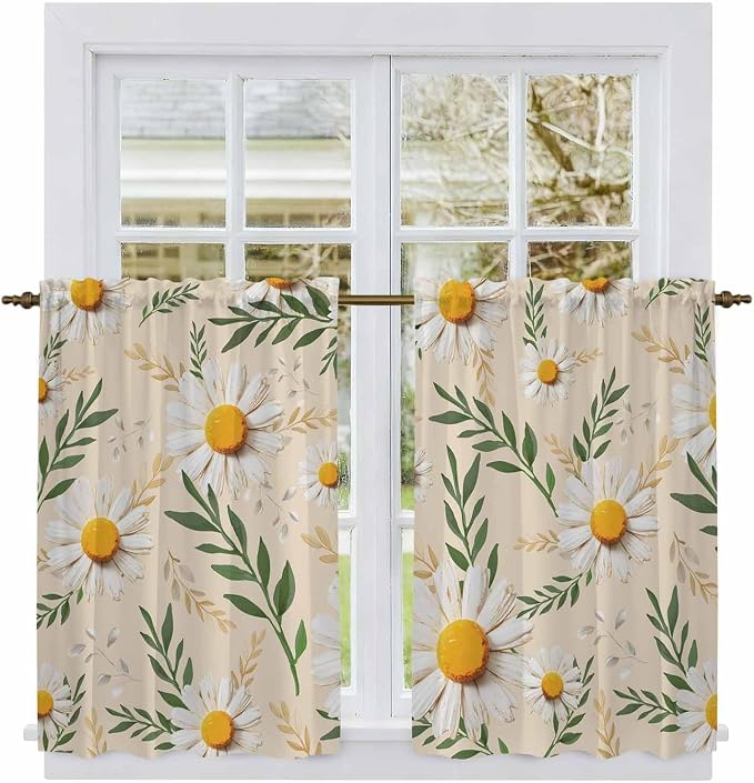 Spring Daisy Kitchen Curtains, Country Watercolor Flower Leaf Plant Light - Image 2