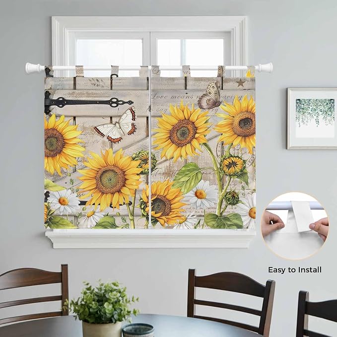 Farm Flowers Kitchen Curtains 45 Inch Length, Short Cafe Window Curtains Tab Top - Image 4