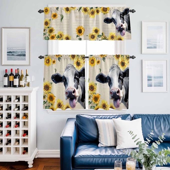 Kitchen Curtains Tiers and Valance Set of 3, Cow Sunflowers Light Filtering - Image 6
