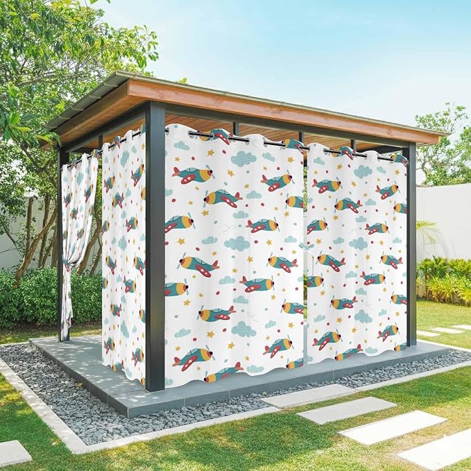 Turquoise Airplane Waterproof Outdoor Curtains by Unknown