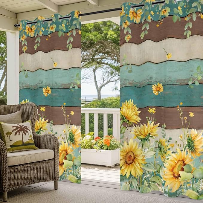 Sunflowers Outdoor Curtains for Patio Summer Floral Eucalyptus Leaves Vintage - Image 5