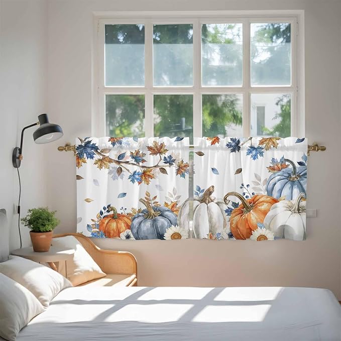Navy Blue Pumpkin Fall Kitchen Tier Curtains 36 Inch Long 2 Panel Set, Rod - Image 4