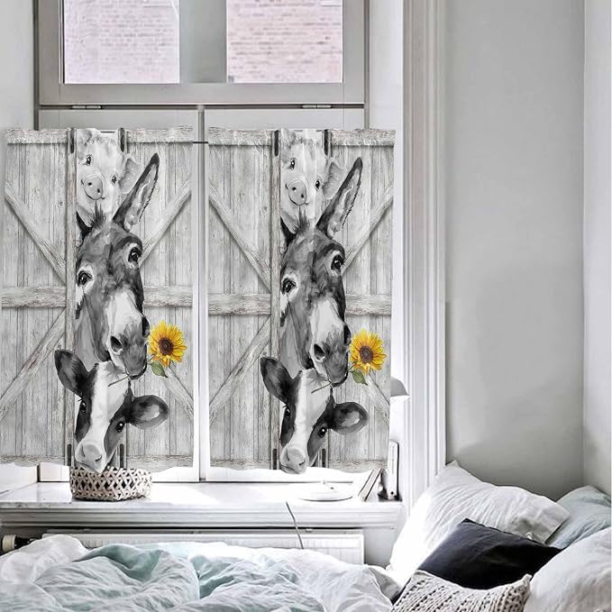 Grey Farmhouse Tier Curtains 45 Inches Long, Vintage Sunflowers Animals Printed - Image 5
