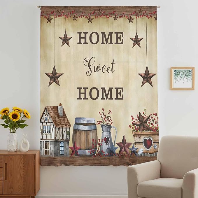 Farm Sheer Curtains 63 Inch Length American Country Barn Star Vintage Berry - Image 5