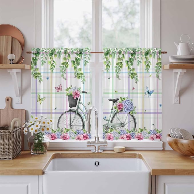 Spring Tier Curtains, Bicycles Botanical Leaves Rose Colorful Stripes Light - Image 2