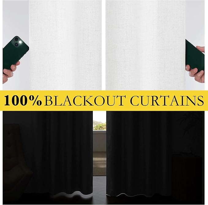 NICETOWN 100% Absolutely Blackout Linen Curtains with Thermal Insulated Liner, Greyish White, 42" Wide, 45" Length Energy Saving Curtains for Dining Room 2 Panels Set, Vertical Blinds