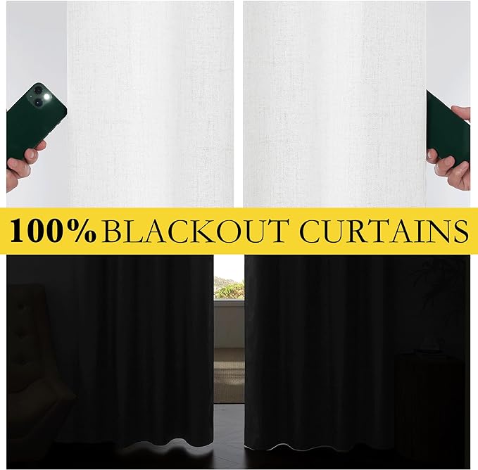 NICETOWN 100% Absolutely Blackout Linen Curtains with Thermal Insulated Liner, Greyish White, 62" Wide, 63" Length Energy Saving Curtains for Kitchen 2 Panels Set, Vertical Blinds