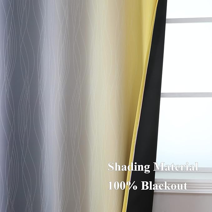 Ombre Gray and Yellow Blackout Curtains 45 Inch Length 2 panels, Full Room Darkening Curtains for Kids Room, Grommet Thermal Insulated Gradient Drapes, Light Blocking Curtains for Bedroom, 42x45 Inch