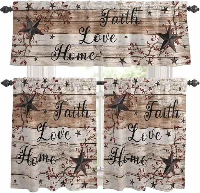 Kitchen Curtains Tiers and Valance Set of 3, Rustic Star Brown Light Filtering by Anzona