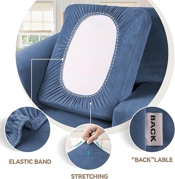 WEERRW Velvet Plush Fabric 4 Pieces Sofa Covers for 3 Cushion Couch with Elastic Bottom Straps in Light Blue