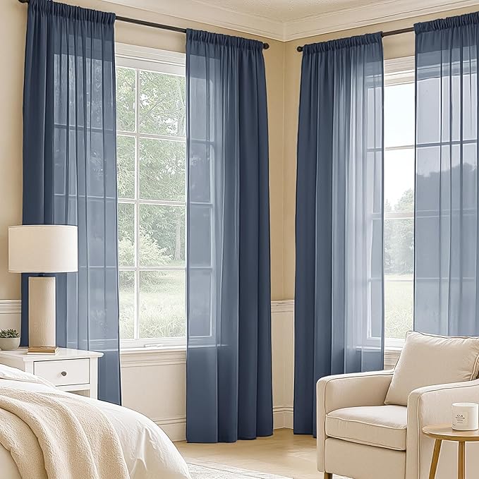 MIULEE Navy Blue Sheer Curtains 72 Inches Long, 4 Panels Set, Light Filtering Rod Pocket Voile Drapes Window Treatments, Semi Transparent Airy Fabric for Bedroom and Living Room, 42 x 72 Inches