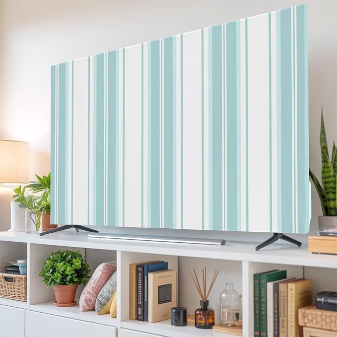 Minimalist Light-Blue Stripes Indoor TV Cover, Elastic TV Screen Protector by Unknown