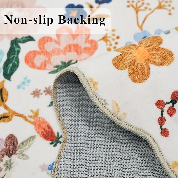 Washable 2x3 Entryway Scalloped Rug: Floral Thin Door Mat Non Slip Water Resistant Kitchen Bathroom Area Rug Indoor Ultra Soft Carpet for Laundry Nursery Living Room Bedroom Soft Floor Mat (2x3,Cream)