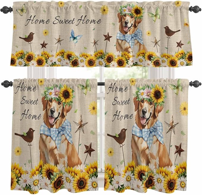 Kitchen Curtains Tiers and Valance Set of 3, Sunflowers Dog Light Filtering by Anzona